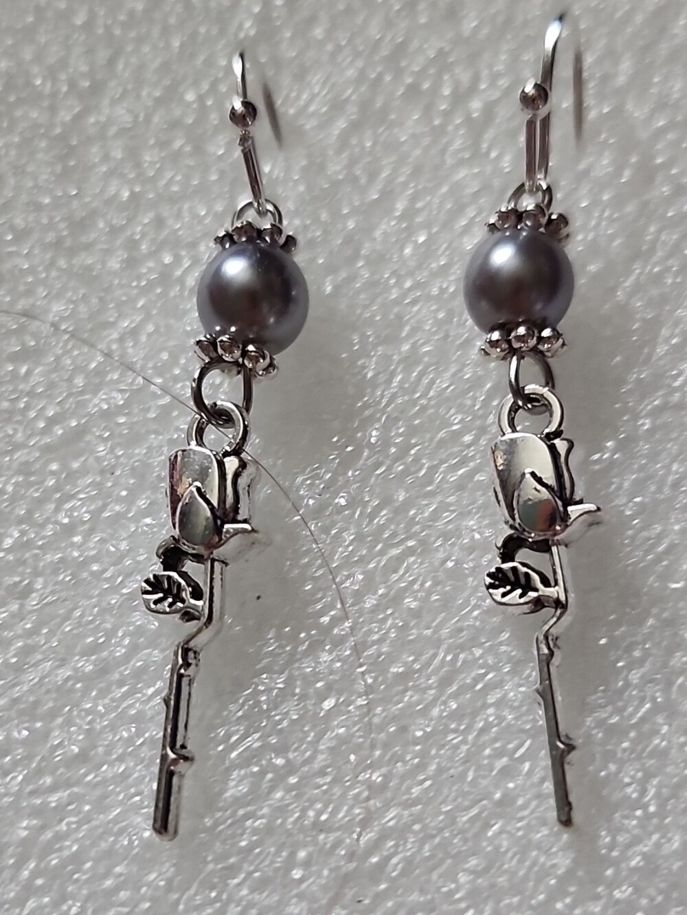 Hand Crafted Silver Rose Dangle Earrings with Gray Pearls